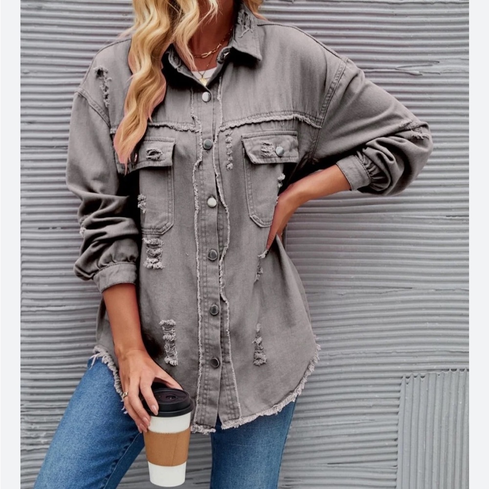 Jeans Gray Distressed Button-Up Denim Jacket